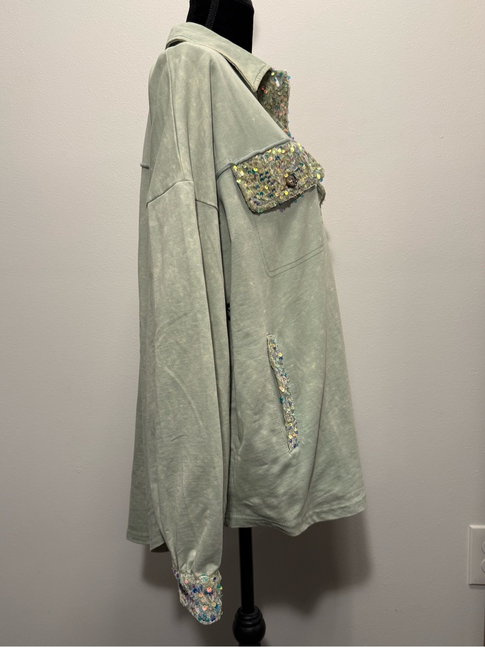 White birch Mint Green Sequin-Trim Shirt Jacket - Picture 4 of 8